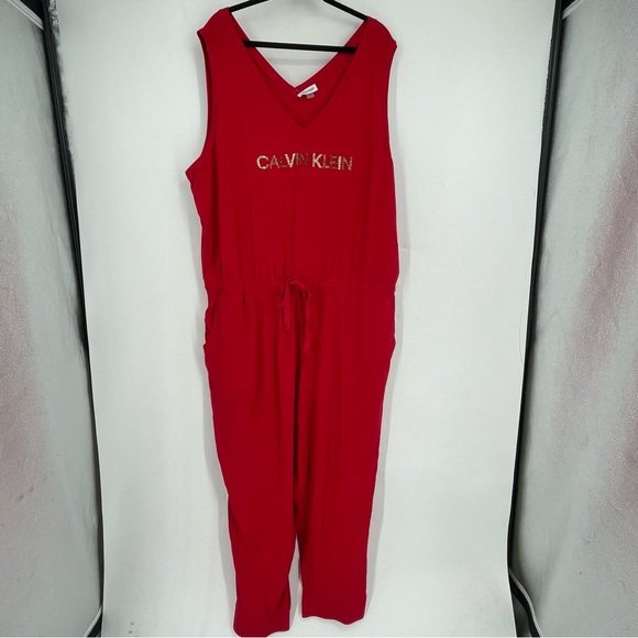 NEW Michael Kors Plus Size 3X Red Jumpsuit Stretch Comfy Lounge Sequin Logo - Picture 1 of 7